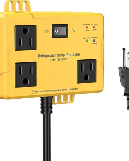 Refrigerator Surge Protector - Wall Mount 3 Outlet Voltage Protector with Time Delay & LED Indicator for Home Appliances, Against High & Low Voltage Brownouts Spikes & Instant Surge,125V/15A/3FT