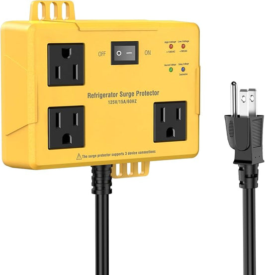Refrigerator Surge Protector - Wall Mount 3 Outlet Voltage Protector with Time Delay & LED Indicator for Home Appliances, Against High & Low Voltage Brownouts Spikes & Instant Surge,125V/15A/3FT