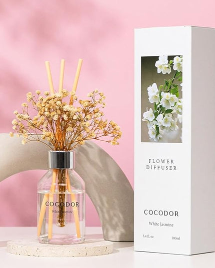 COCODOR Flower Reed Diffuser Set / 3.4oz / White Jasmine/Scent Diffuser with Sticks Home Fragrance Reed Diffuser for Bathroom Shelf Decor