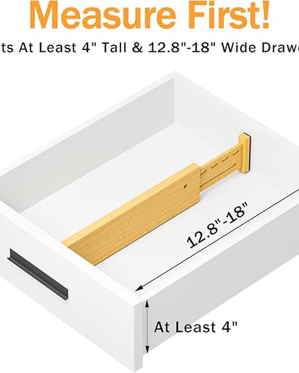 Bamboo Drawer Dividers 4" High, 12.8-18" Adjustable Drawer Organizers for Clothes,Expandable Dresser Separators in Bedroom/Kitchen/Bathroom/Office Organization and Storage,4 Pack