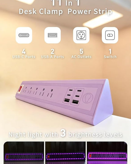 Desk Clamp Power Strip with Nightlight, 40W Fast Charging, 6FT Extension Cord, 4x20W USB-C & 2 USB Ports, 5 AC Outlets, Fits 1.69-Inch Table Edges