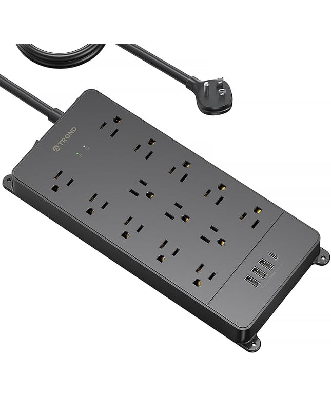 TROND Surge Protector Power Strip 15 ft Cord - Long Extension Cord, 13 Widely-Spaced Outlets Expansion with USB C Ports, 4000 Joules, Flat Plug, Wall Mount, ETL Listed, Office Desk Accessory, Black