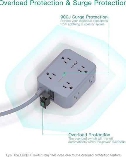 Power Strip Surge Protector - Flat Plug, Wall Mount, 8 Wide Outlets with 4 USB Ports (2 USB C), 5FT Heavy Duty Extension Cord with Multiple Outlets, Charging Station Home Dorm Office Accessories Gray