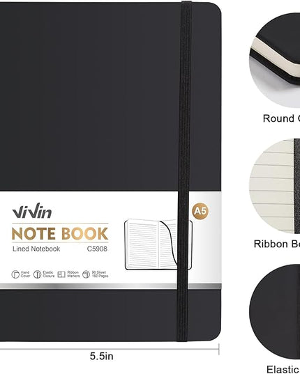 ViVin Lined Journal Notebooks for Work, 192 Pages, Medium 5.5 x 8.3 inch, College Ruled, A5 Hardcover Journaling Notebooks for Work, 3 Pack Bulk