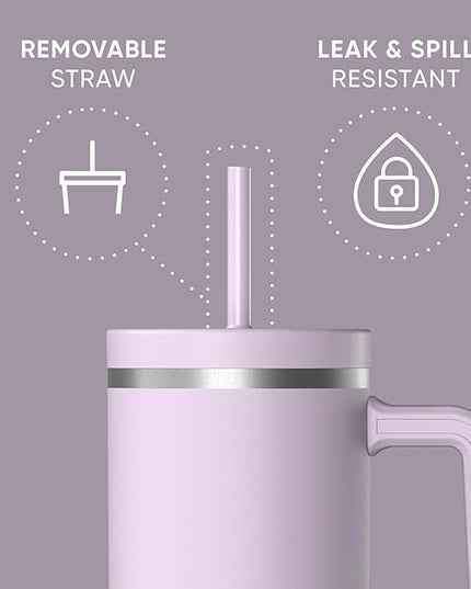 Hydrapeak Voyager 40 Oz Stainless Steel Tumbler with Handle, Insulated Water Bottle With Straw & Lid, Cupholder Friendly Reusable Travel Mug (Blush)