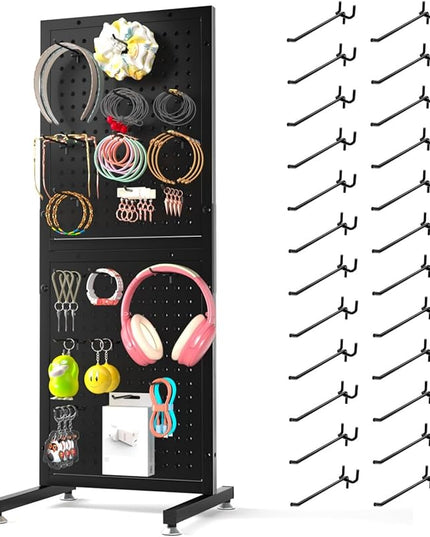 Metal Pegboard Shelf - Peg Board Display Wall Mount with 24 Hooks, 12.5x32.8 In Portable Garage Desktop Pegboard Organizer Retail Display Rack For Jewelry Hair Accessories, Mobile Phone Shop/Black