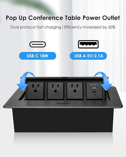 Pop Up Conference Table Power Outlet with 3 AC Outlets, USB PD Fast Charging, 9.8FT Power Cord Embedded Hub Connection Box for Office, Home, and Study Spaces