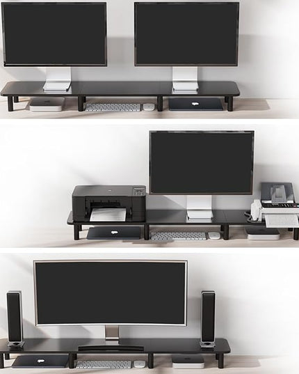 43.7" Extra Long Dual Monitor Stand Riser, Wood & Steel Monitor Stand for 2 Monitors, Wide TV Stand, Desktop Riser for Desk Organization, Home Office，Laptop,Printer,TV (Black)