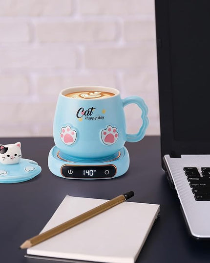 Bgbg Coffee Mug Warmer & Cute Cat Mug Set, Beverage Cup Warmer for Desk Home Office with Three Temperature Up to 140℉/ 60℃, Coffee Warmer for Cocoa Milk Tea Water Candle, 8 Hours Auto Shut Off