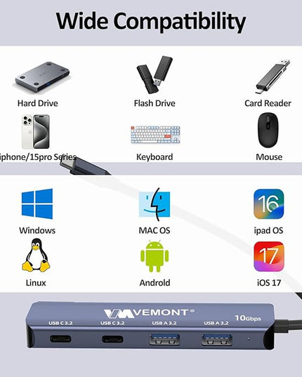 USB C Hub 3.2 10Gbps, VEMONT Aluminum USB 3.2 Hub with 2 USB-C and 2 USB-A Data Ports, Ultra Slim USB 3.2 Gen 2 Hub for MacBook Pro/Air 2022/2021, iPhone 15, iPad Pro, XPS, Surface Pro and More