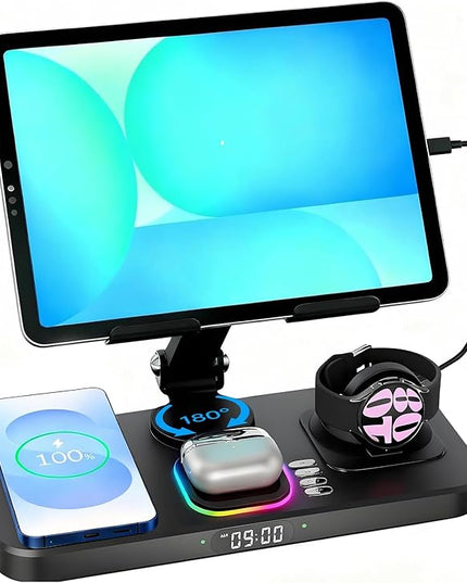 30W Tablet Wireless Charger for Samsung, Foldable Android Charging Station with Clock Display with 7-Color Light, Wireless Watch Charger for S25, Only Compatible Samsung Watch, Galaxy Buds3 Pro(Black