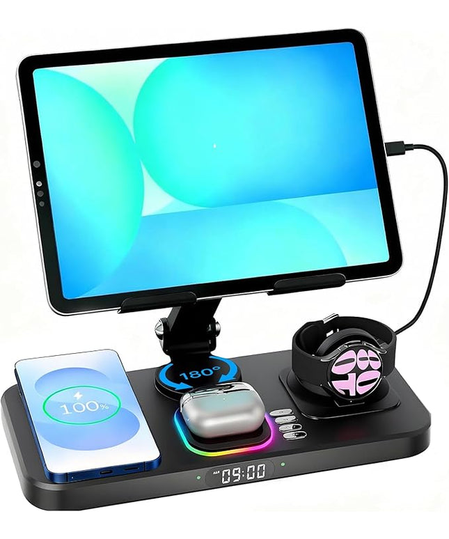 30W Tablet Wireless Charger for Samsung, Foldable Android Charging Station with Clock Display with 7-Color Light, Wireless Watch Charger for S25, Only Compatible Samsung Watch, Galaxy Buds3 Pro(Black