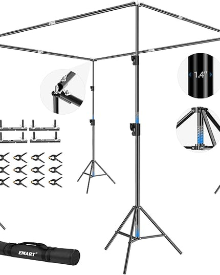 EMART Back Drop Adjustable Stand,10X10X10ft Square Backdrop Stand Heavy Duty Photography Background Support System Kit with 300° Rotatable Connector and 12 Spring Clamp for Party,Wedding,Photo Studio