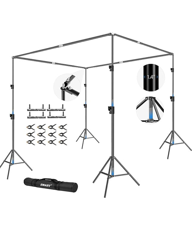 EMART Back Drop Adjustable Stand,10X10X10ft Square Backdrop Stand Heavy Duty Photography Background Support System Kit with 300° Rotatable Connector and 12 Spring Clamp for Party,Wedding,Photo Studio