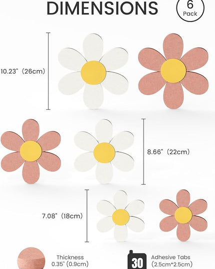 Fluxynara 6 PCS Daisy Felt Flower Wall Decor, Daisy Bulletin Board for Nursery & Girl Room, 3-Size Acoustic Felt Wall Art for Bedroom, Baby’s Room, Kids’ Spaces, Pink/White