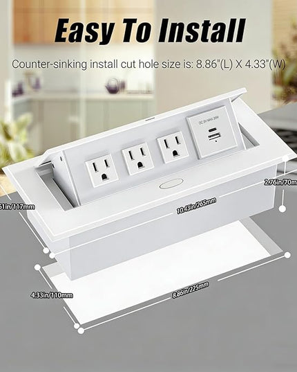 Power Hub for Conference Table PD20W USB-C Fast Charging Pop Up Power Strip with 3AC Outlets Connection Box for Conference Room Kitchen Countertop, White