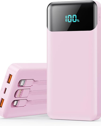 Portable Charger 40800mAh Power Bank with 3 Built-in Cables,PD 25W USB C in&Out Power Bank Fast Phone Charging,QC4.0 5 Output Travel Camping Essential Battery Pack for iPhone 17/16,Samsung etc-Peach