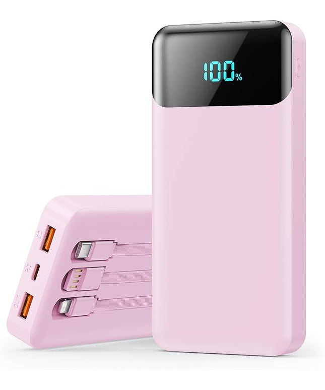 Portable Charger 40800mAh Power Bank with 3 Built-in Cables,PD 25W USB C in&Out Power Bank Fast Phone Charging,QC4.0 5 Output Travel Camping Essential Battery Pack for iPhone 17/16,Samsung etc-Peach