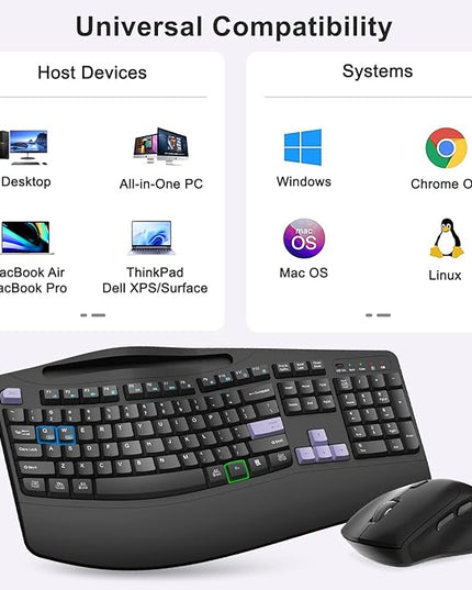 Wireless Keyboard and Mouse Combo, 2.4G Full Size Wave Keys Ergonomic Keyboard with Wrist Rest, Phone Holder, 3-Level DPI Wireless Silent Mouse with 6-Buttons, for Windows, Mac OS (Purple Black)