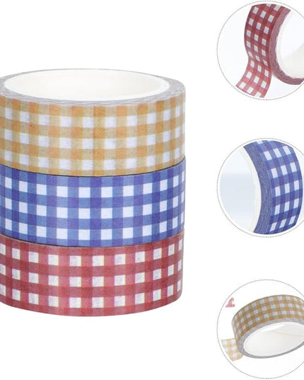 VILLCASE 12 Rolls Vintage Grid Pattern Washi Tape Retro Decorative Paper Tapes for DIY Journals Scrapbooking Planners Crafts Red Blue Yellow for Creative Stationery and Wrapping