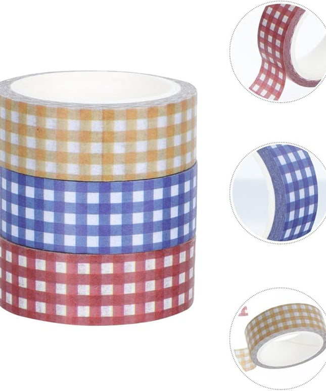 VILLCASE 12 Rolls Vintage Grid Pattern Washi Tape Retro Decorative Paper Tapes for DIY Journals Scrapbooking Planners Crafts Red Blue Yellow for Creative Stationery and Wrapping