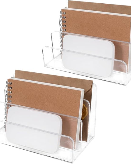 Acrylic Mail Organizer File Holder for Desk 2 PCS, 3 Compartments Clear Desktop Vertical Letter Sorter for Envelopes, Bill, Document, Notebook,Countertop Folder for Office, Home & School