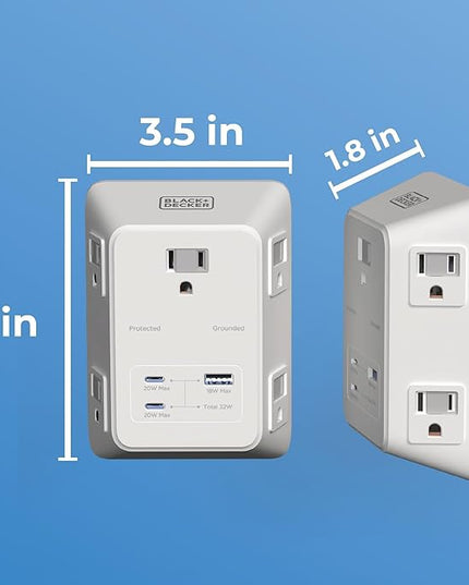 BLACK+DECKER PD USB Wall Charger Surge Protector, 2-Pack, 5 Outlet Extender 2 USB C & 1 USBA Charging Ports, Fast Charge 3 Sided Power Strip Multi Plug Outlets Wall Adapter for Home Office, ETL Listed