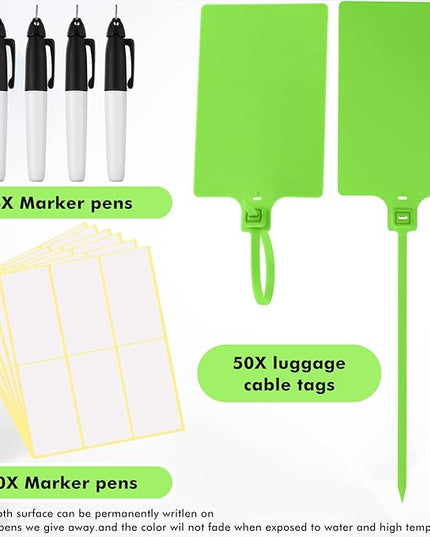 Pajean Waterproof Plastic Tags with Marker Pens and Sticker Labels, Self Locking Bag Writable Tags with Wire Cable Ties for Luggage(Green,50 Pieces)