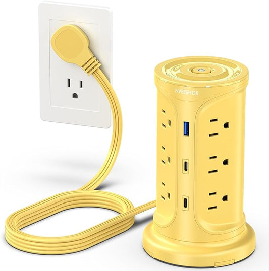 Tower Power Strips with Surge Protection, 6.5FT Flat Extension Cord with Multiple Outlets, 12 AC 4 USB Ports(2 Type C), Flat Plug Surge Protector Power Strip with Screw Wall Mount for Home Office Dorm