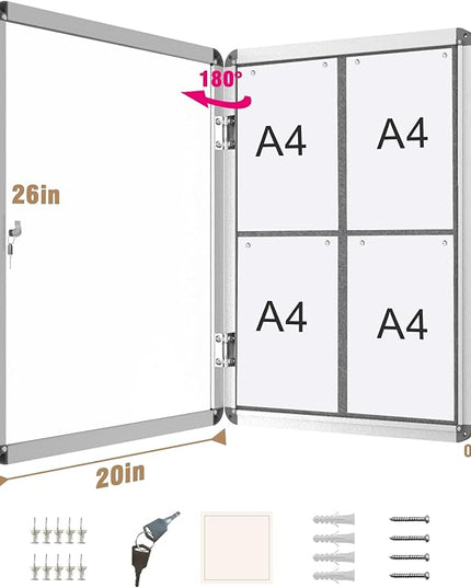 Mifuro 26"x20" Enclosed Bulletin Board, Lockable Weather-Resistant Aluminum Cork Noticeboard for School & Office, Silver Frame w/Grey Flet