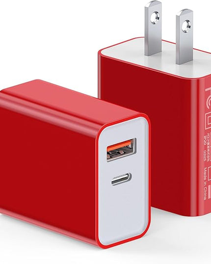 2Pieces USB C Wall Charging Block, 20W 2Port Fast USBC PD3.0 Power Adapter Type C Charger Brick Cube Plug for iPhone 13 14 15 16 17 Pro Max Mini 11 XS X 8, iPad, Samsung, Google, Tablet, Android, Red
