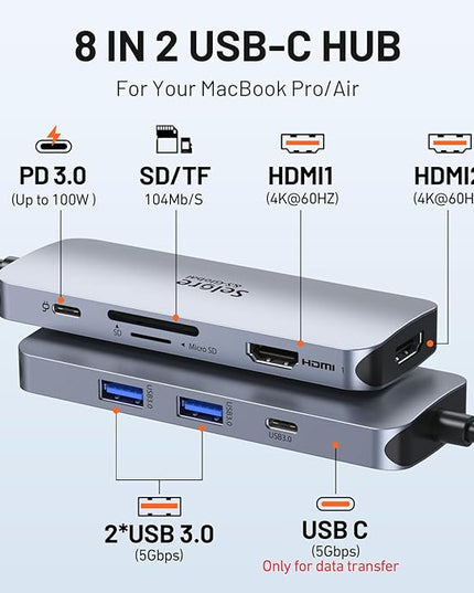 Selore Docking Station for MacBook Pro Air, USB C Hub for MacBook,Dual HDMI Adapter for USB for MacBook,Docking Station Dual Monitor for MacBook Pro Air with Dual HDMI,USB C,2 USB A,PD,SD/TF Reader