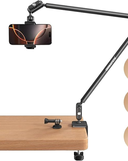 CAMBOFOTO 33" Magic Arm w Desk Clamp, Overhead Camera Mount, Desk Phone Mount, Articulating Extra-Long Friction Boom Arm w 1/4" Screw, for Phone, Mic, Light, Webcams, Action Camera (Light Black)