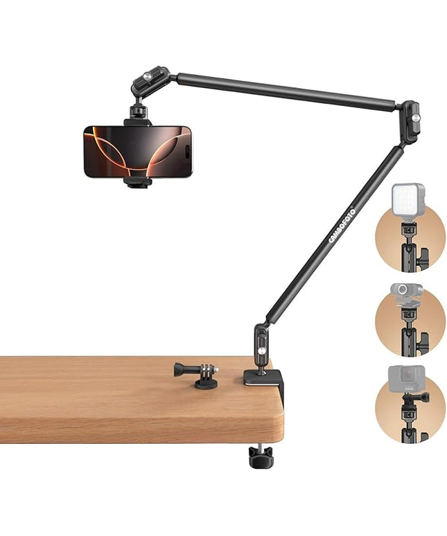 CAMBOFOTO 33" Magic Arm w Desk Clamp, Overhead Camera Mount, Desk Phone Mount, Articulating Extra-Long Friction Boom Arm w 1/4" Screw, for Phone, Mic, Light, Webcams, Action Camera (Light Black)