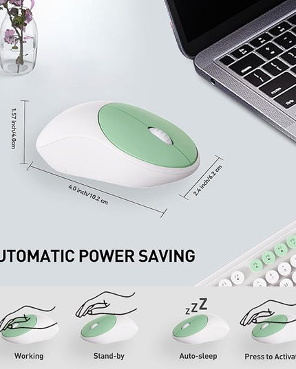 FOPETT 2.4GHz Wireless Keyboard and Mouse Set with Switch Button - Full-Size Keyboard - Compatible for Windows/Laptop/PC/Notebook/Smart TV and More - White Green