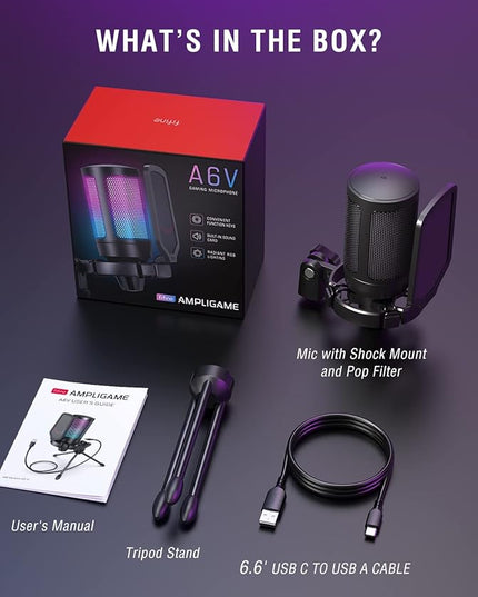 FIFINE Gaming USB Microphone for PC PS5, Condenser Mic with Quick Mute, RGB Indicator, Tripod Stand, Pop Filter, Shock Mount, Gain Control for Streaming Discord Twitch Podcasts Videos- AmpliGame