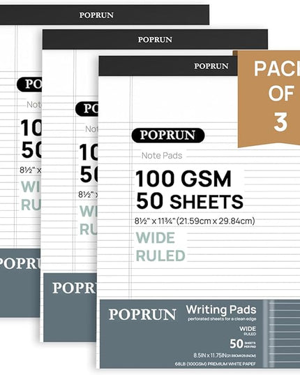 POPRUN White Legal Pads 8.5 x 11.75 Wide Ruled, 100GSM Writing Paper Pad, Bulk Lined Notepad Notebooks for Work School, Classroom Office Supplies, 3 Pack