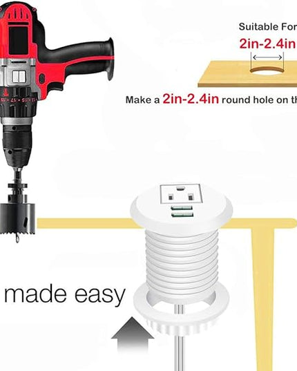Desktop Power Grommet,Desk Grommet Outlet 2 inch Hole,Power Grommet with USB, Easy Access to 1 power Source Along with 2 USB Power Port Connections(white)