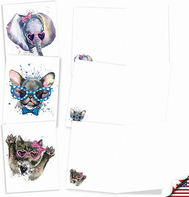 The Best Card Company Assorted Wildlife Watercolor Blank Card Box Set - Incl. 10 Animal Designs Notecards + Envelopes for Thank You, Invitations, More - Funky Colorful Creatures AM6749OCB-B1x10-NB