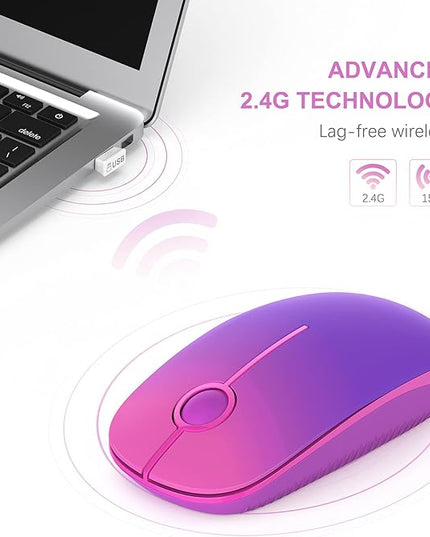 VssoPlor Wireless Mouse, 2.4G Slim Portable Computer Laptop Mouse with Nano Receiver Quiet Silent Optical Mice for Notebook, PC, Laptop, Computer-Gradient Purple