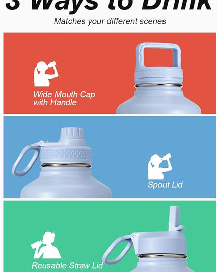 Coolflask 128 oz Gallon Water Bottle Insulated with Straw&3 Lids, Water Jug Large Stainless Steel Metal Vacuum Wide Mouth for Sports, Gym or Office, Non-BPA Keep Cold 48H Hot 24H, Light Blue