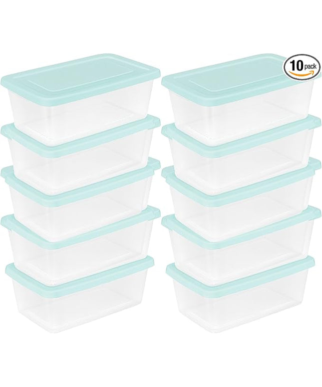 Sterilite Set of 10 Storage Boxes, Clear Plastic Stackable Containers, Lightweight Home Organizers with Snap Lids, 6 Quart, Mindful Mint