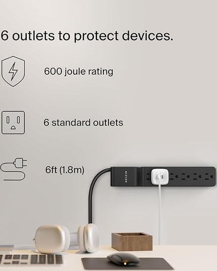 Belkin Surge Protector Power Strip with 6 AC Outlets, 6ft/1.8M Long Heavy-Duty Extension Cord, & 360-Degree Rotating AC Plug for Conference Rooms, Computer Desktops, & More - 600 Joules of Protection
