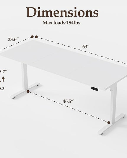 Klicelor 63 Inch Large Electric Standing Desk, Height Adjustable Office Desk, Sit Stand Up Computer Gaming Desk with Memory Preset, Three-Piece Desktop, White