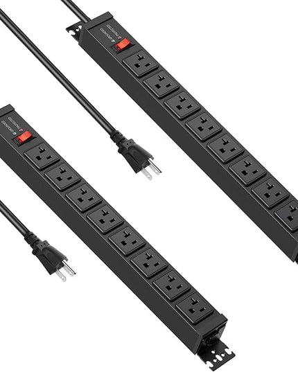 JUNNUJ 20 Amp Power Strip Heavy Duty 2 Pack, 4800J Surge Protector Metal Power Bar Multi Angle Mount, 20A Garage 8 Outlet Shop 6-20R T-Slot, 5-15P Adapter 12 Gauge Extension Cord 15 ft for Appliance