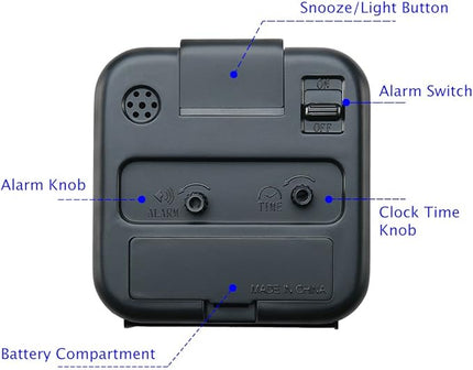 Peakeep Small Battery Operated Analog Travel Alarm Clock Silent No Ticking, Lighted on Demand and Snooze, Beep Sounds, Gentle Wake, Ascending Alarm, Easy Set (Black)