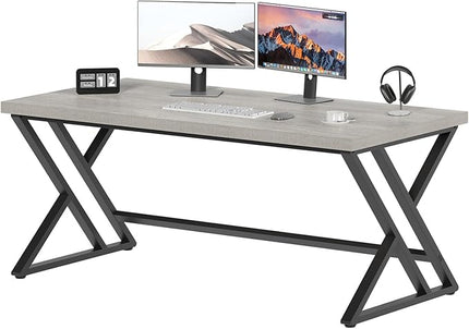 LVB Large Home Office Desk, Long Industrial Computer Desk, Metal Wood Writing Study Computer Table for Student, Big Modern Executive Simple Gaming Work Desk for Bedroom, Light Grey, 60 Inch