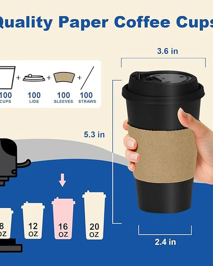 Coolcap 16 oz 100 Pack Coffee Cups with Lids and Sleeves, Straws, Hot Disposable To Go Travel Paper Cups Bulk for Office, Home Coffee Bar Accessories, Chocolate, Cocoa, Beverage (Black)