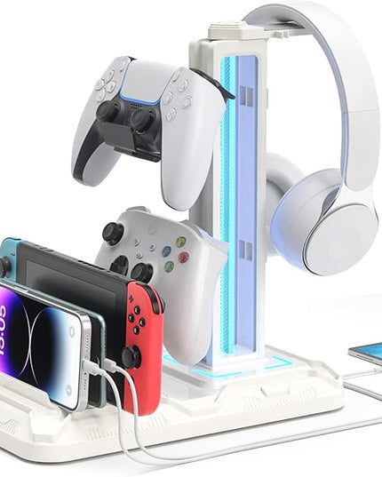 KDD Headset Stand with Charging Station - Detachable Controller Holder with 9 Light Modes - Rotatable Headphone Hanger with USB A&C Charger Ports - Earphone Hook for PC Gaming Accessories Storage