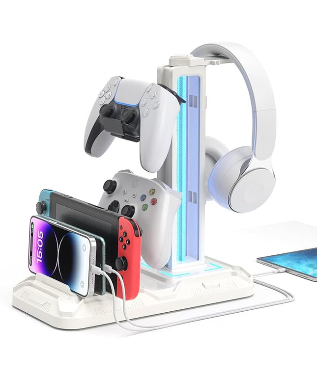 KDD Headset Stand with Charging Station - Detachable Controller Holder with 9 Light Modes - Rotatable Headphone Hanger with USB A&C Charger Ports - Earphone Hook for PC Gaming Accessories Storage